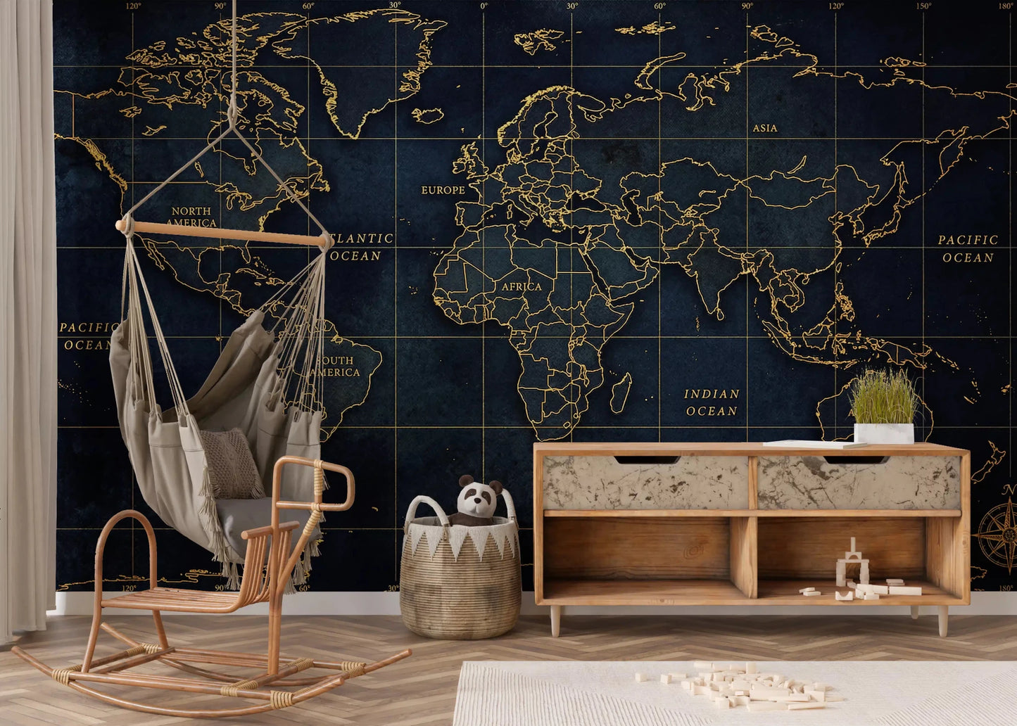 World map wall mural with gold lines and navy ocean design