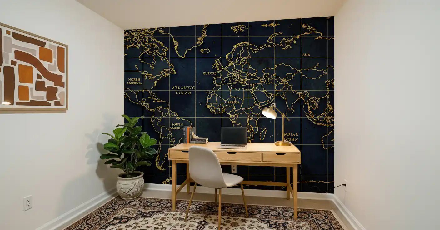Study room world map wall mural with deep sea gold outlines