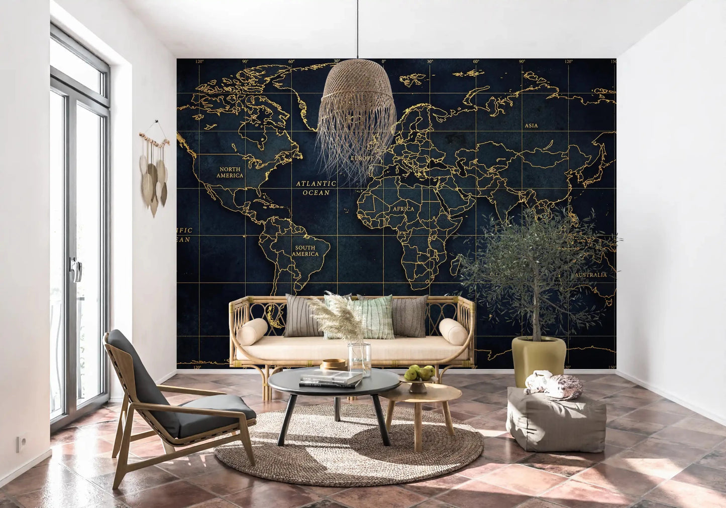 Living room world map wall mural with golden atlas navy design