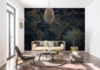 Living room world map wall mural with golden atlas navy design