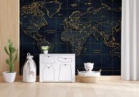 Global map wall mural with deep sea navy and gold detail