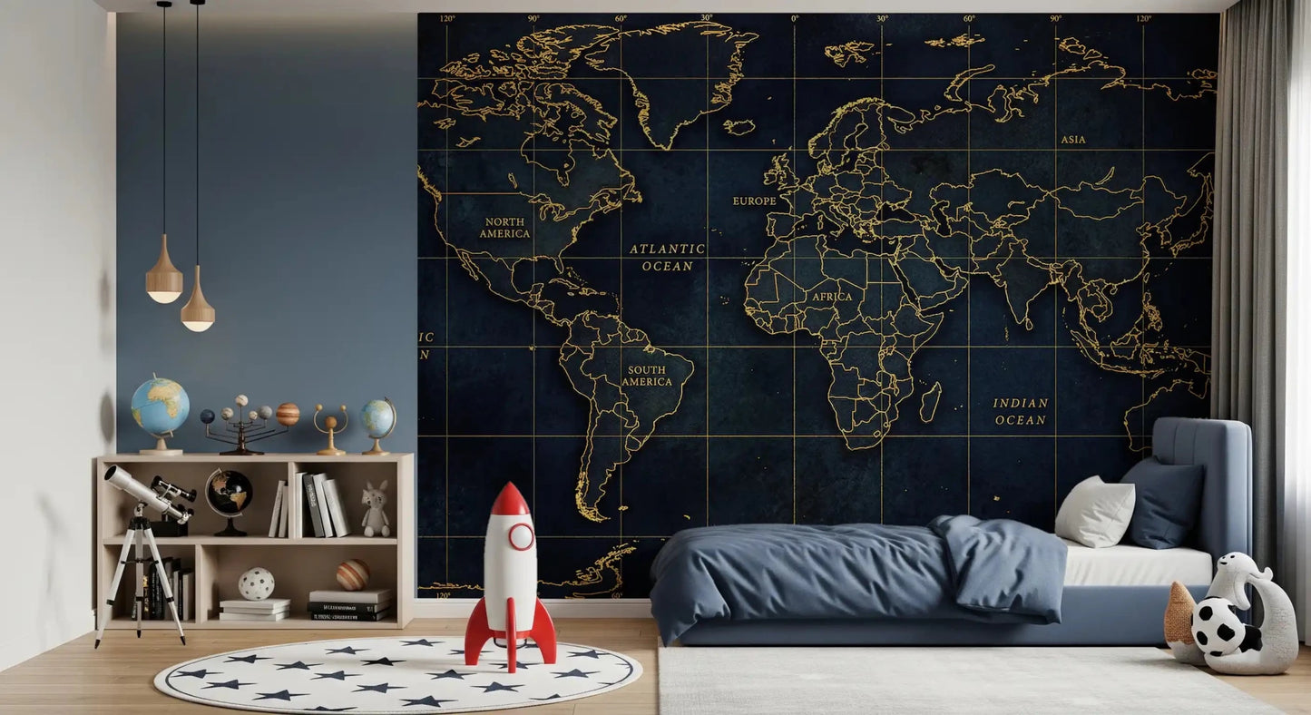 Golden atlas world map wall mural with deep sea background