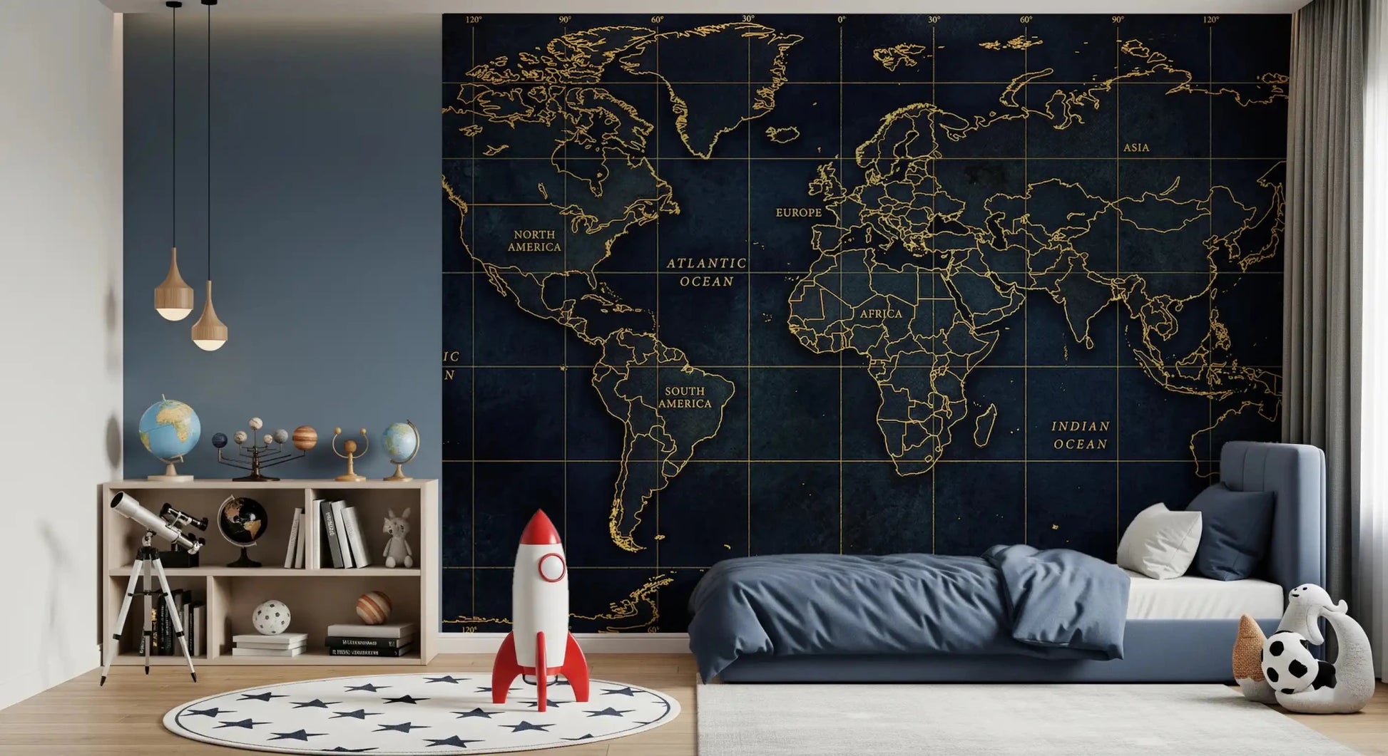 Golden atlas world map wall mural with deep sea background
