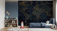 Golden atlas world map wall mural with deep sea background