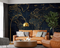 Office room golden atlas wall mural with world map and grid