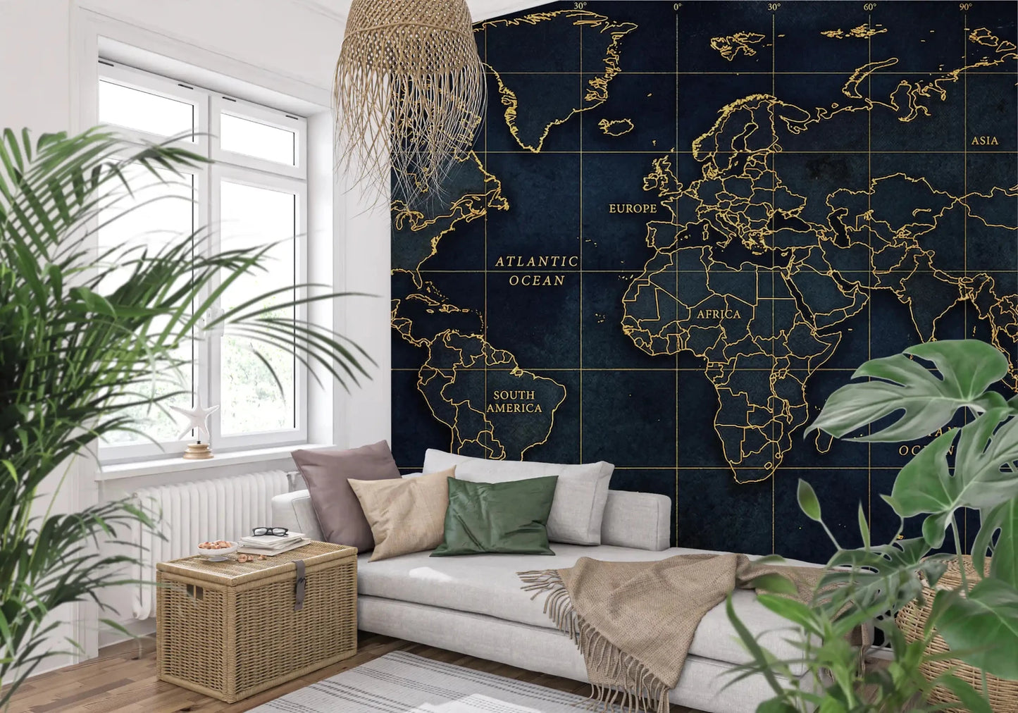 Navy world map wall mural with gold continent outlines