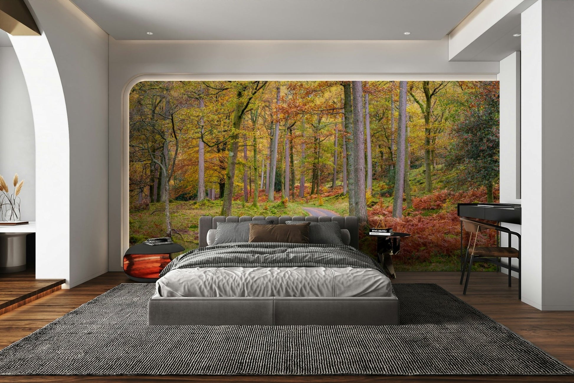 Elegant Golden Autumn Drive mural bringing autumn indoors.

