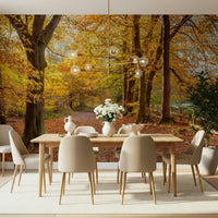 Panoramic autumn view, rustic wooden fence, Pathway Covered in Fall Leaves print.