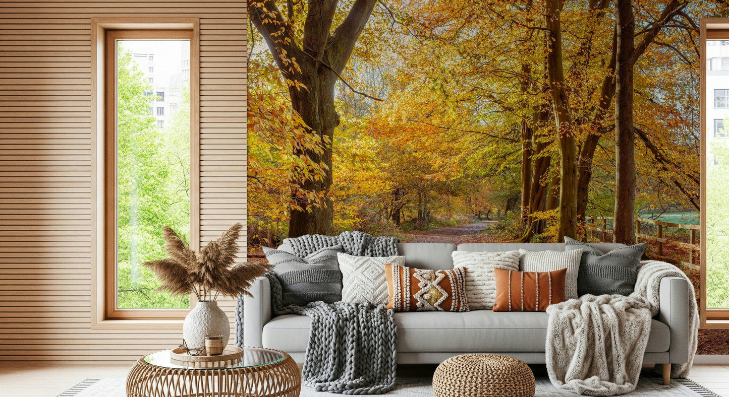 The serene Pathway Covered in Fall Leaves, perfect for home decoration.