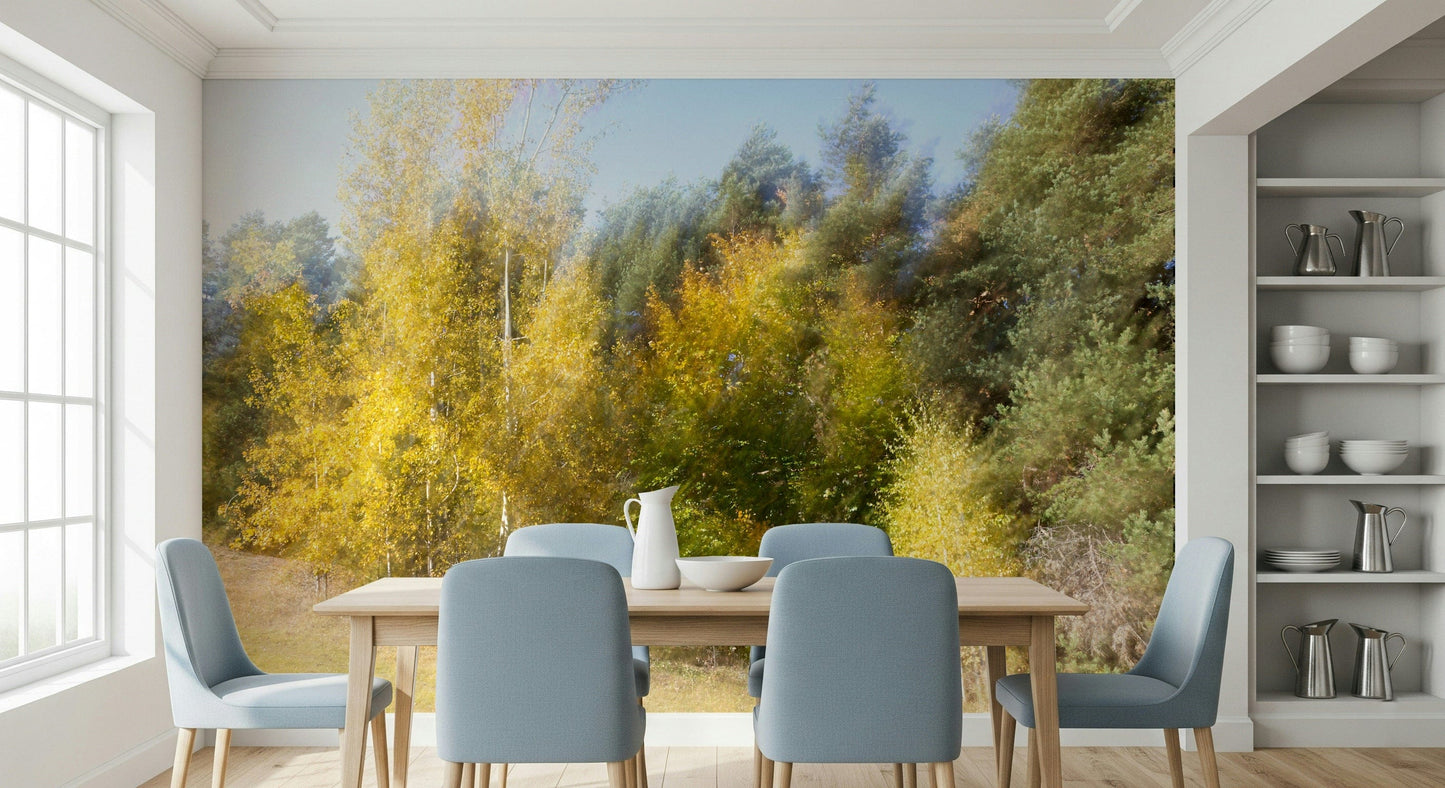 Lounge wall mural of golden trees, soft blur, modern apartment styling