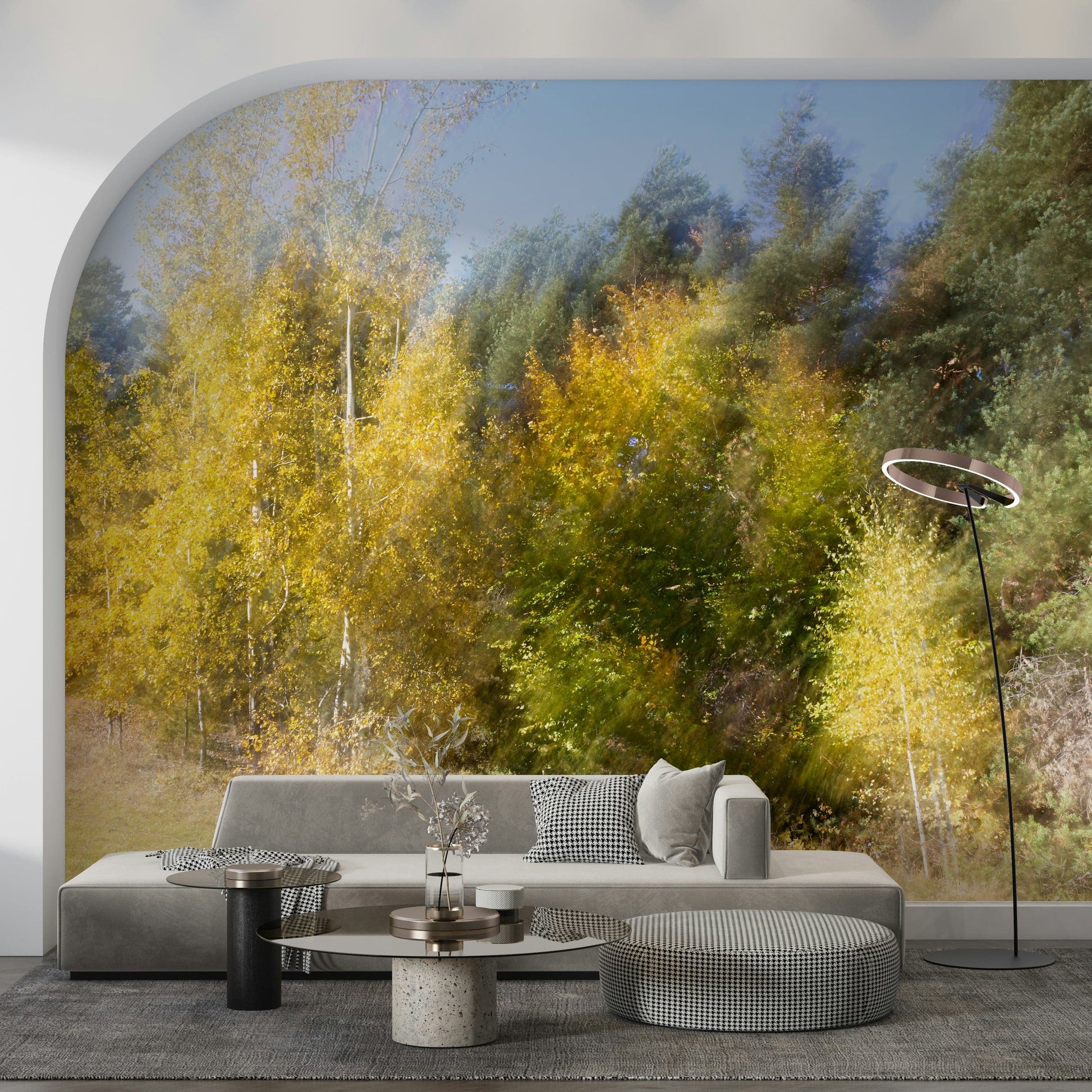 Nursery accent wall with gentle blurred trees mural, warm color and calm mood