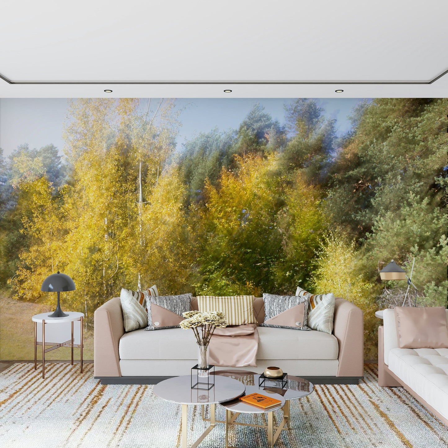 Entryway wall decor with Autumn's Whisper golden trees mural, modern bench
