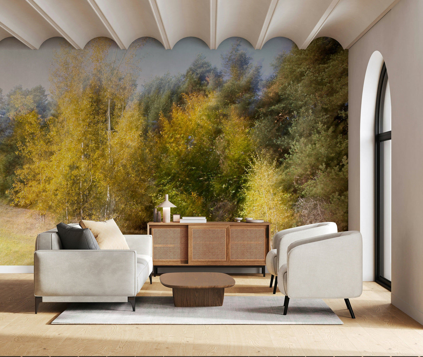 Blurred golden tree mural in modern living room, warm color feature wall