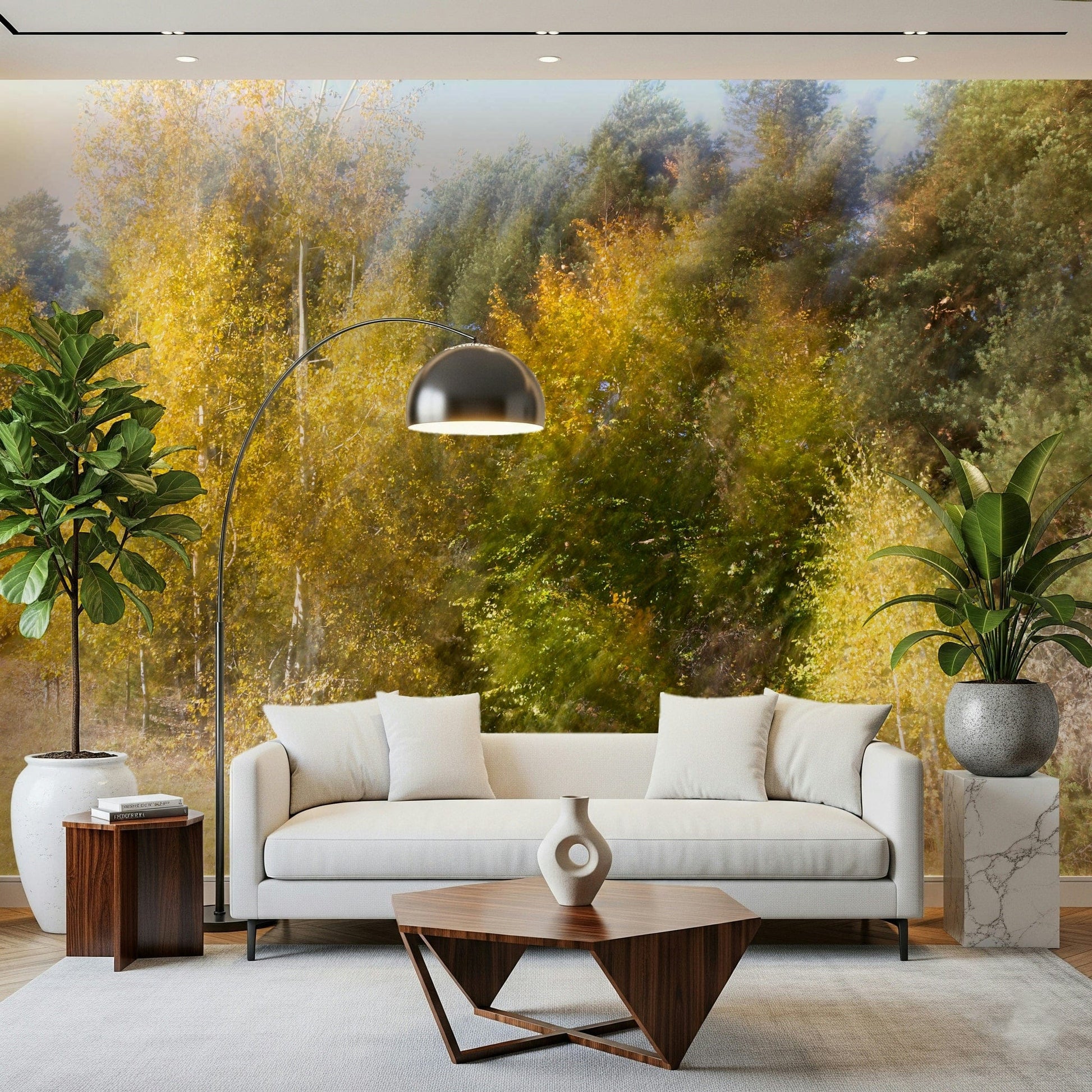 Hallway feature wall with blurred autumn trees wallpaper, modern lighting