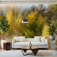 Hallway feature wall with blurred autumn trees wallpaper, modern lighting