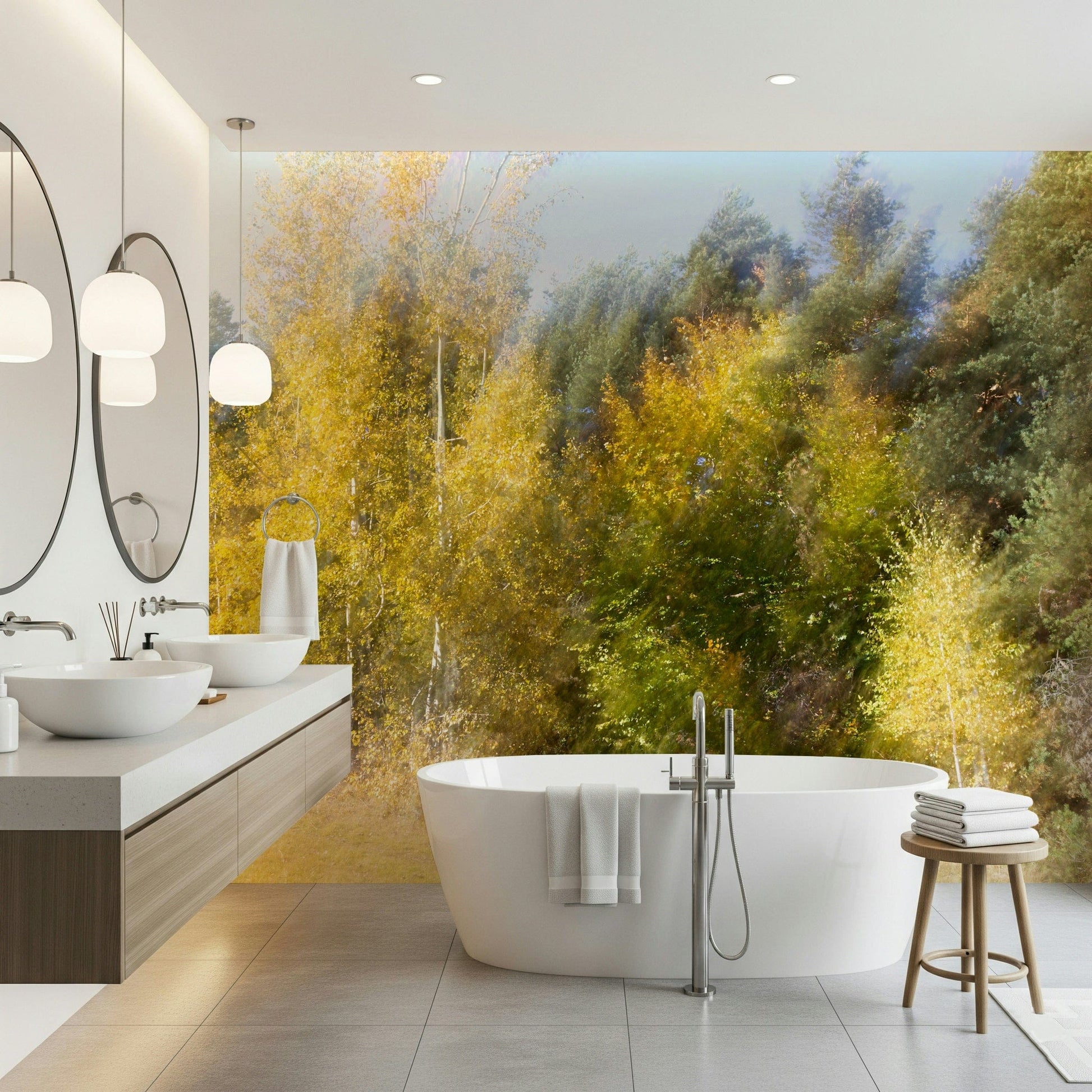 Blurred forest wallpaper in reading nook, warm color palette, cozy chair