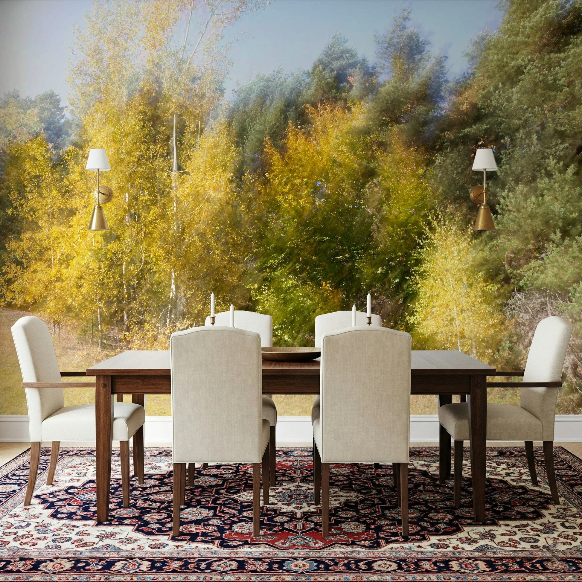 Nature blur wall mural in home office, modern desk setup, warm color