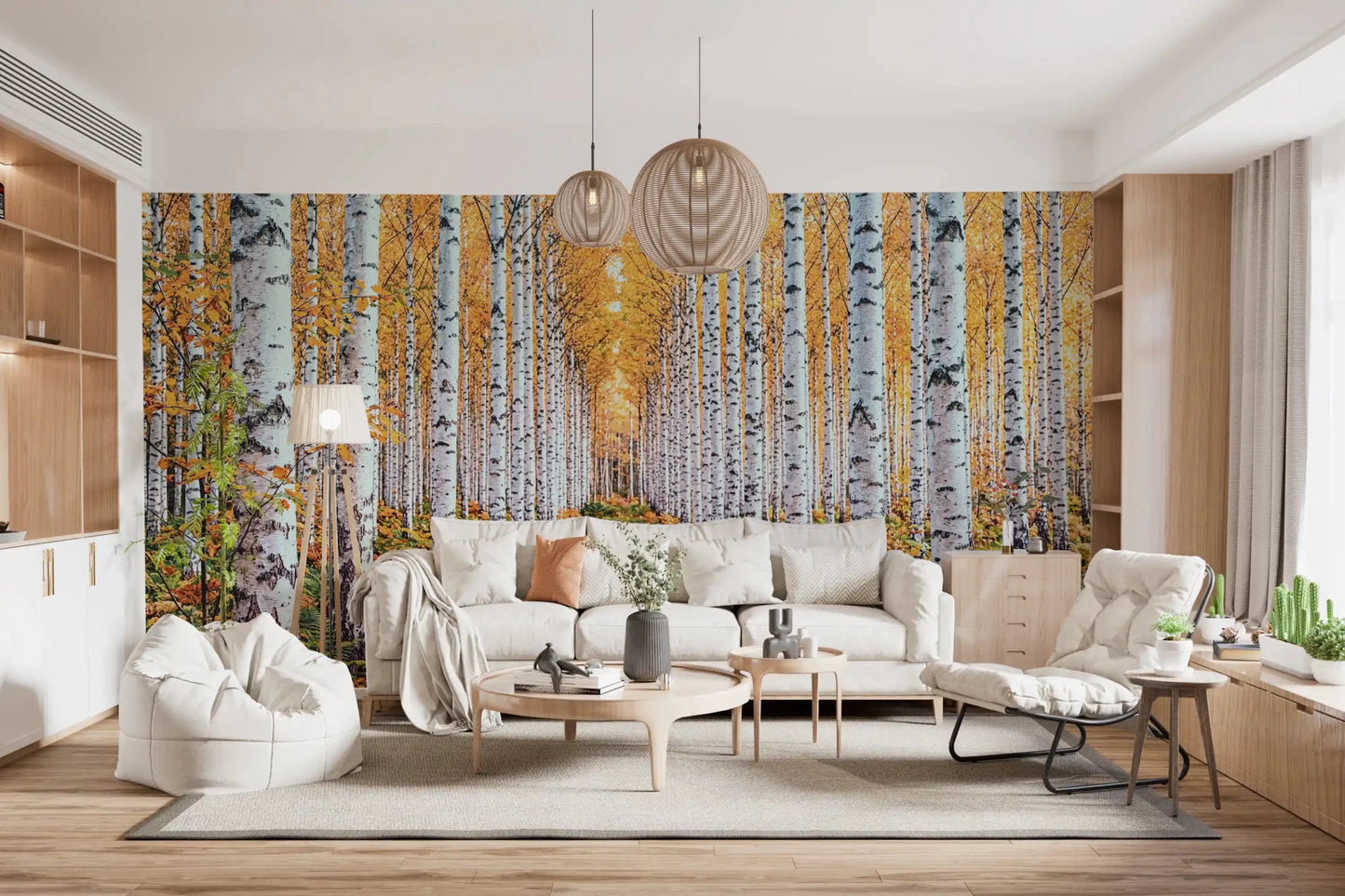 Forest path wall mural along a hallway with golden birch and autumn trunks