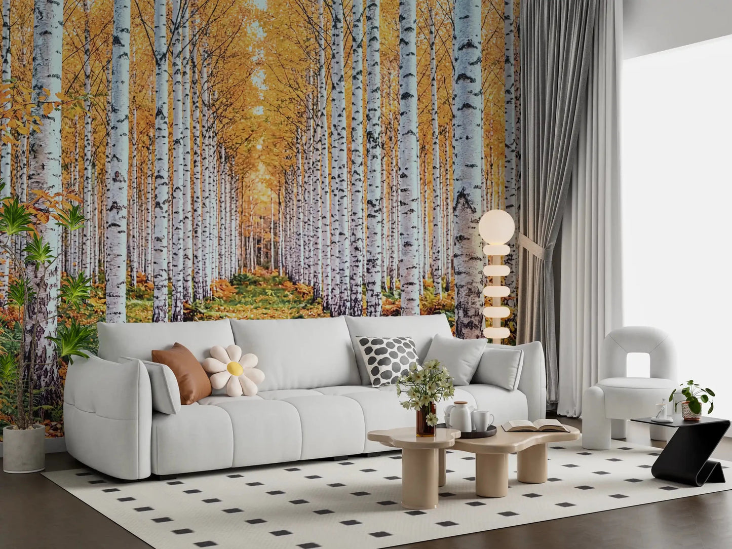 Golden woodland wall mural showing birch trees, forest path, and fall leaves