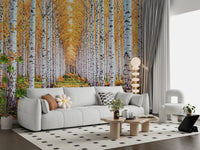 Golden woodland wall mural showing birch trees, forest path, and fall leaves