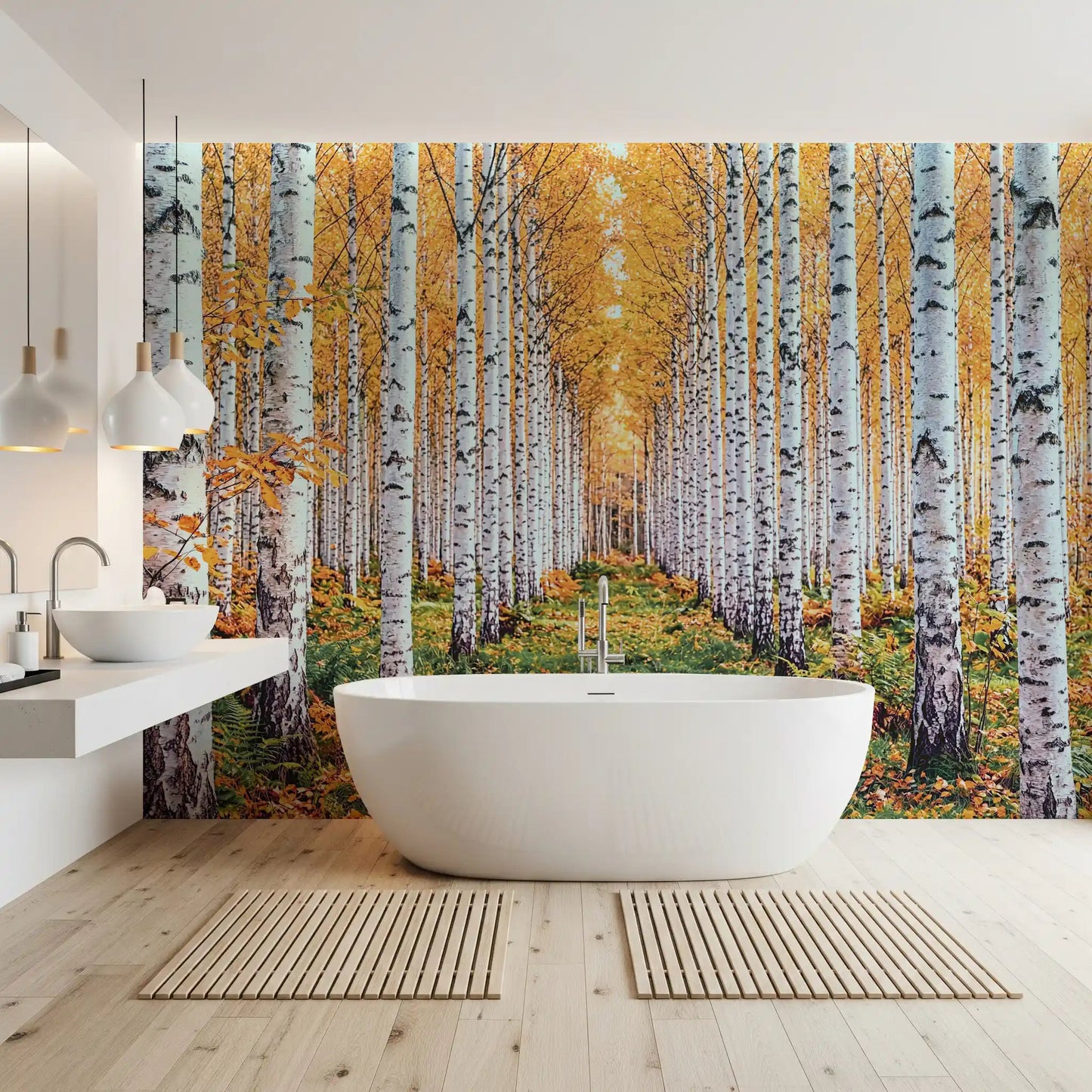 Forest path wall mural with golden birch trunks and warm autumn foliage