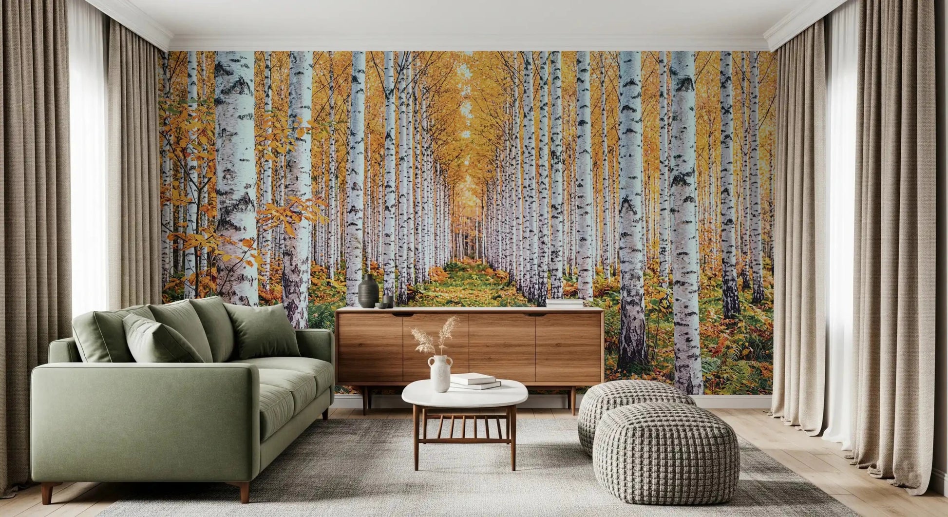 Birch woodland wall mural featuring golden forest path and tall pale trees