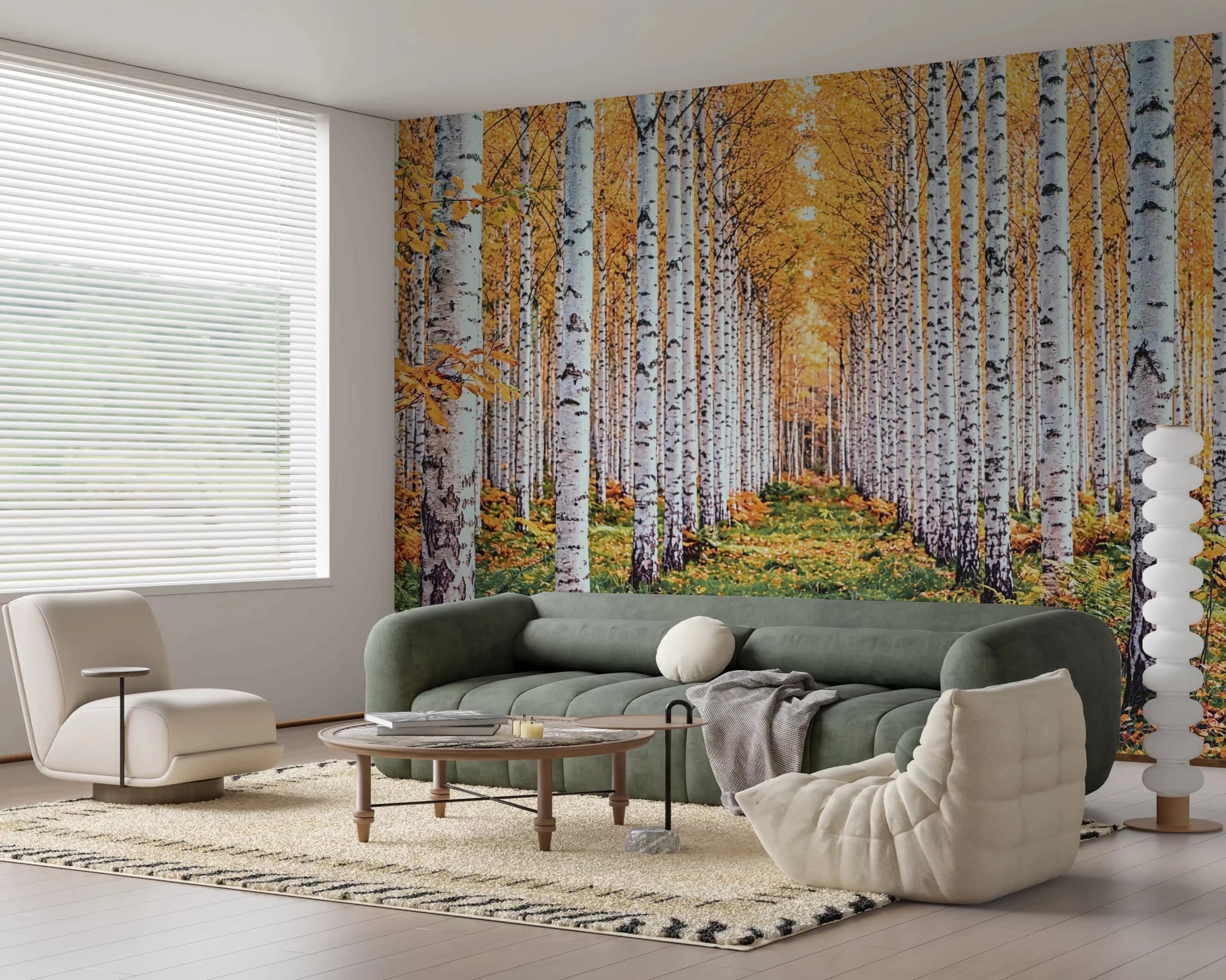 Golden birch wall mural in a living room with forest path and autumn trees