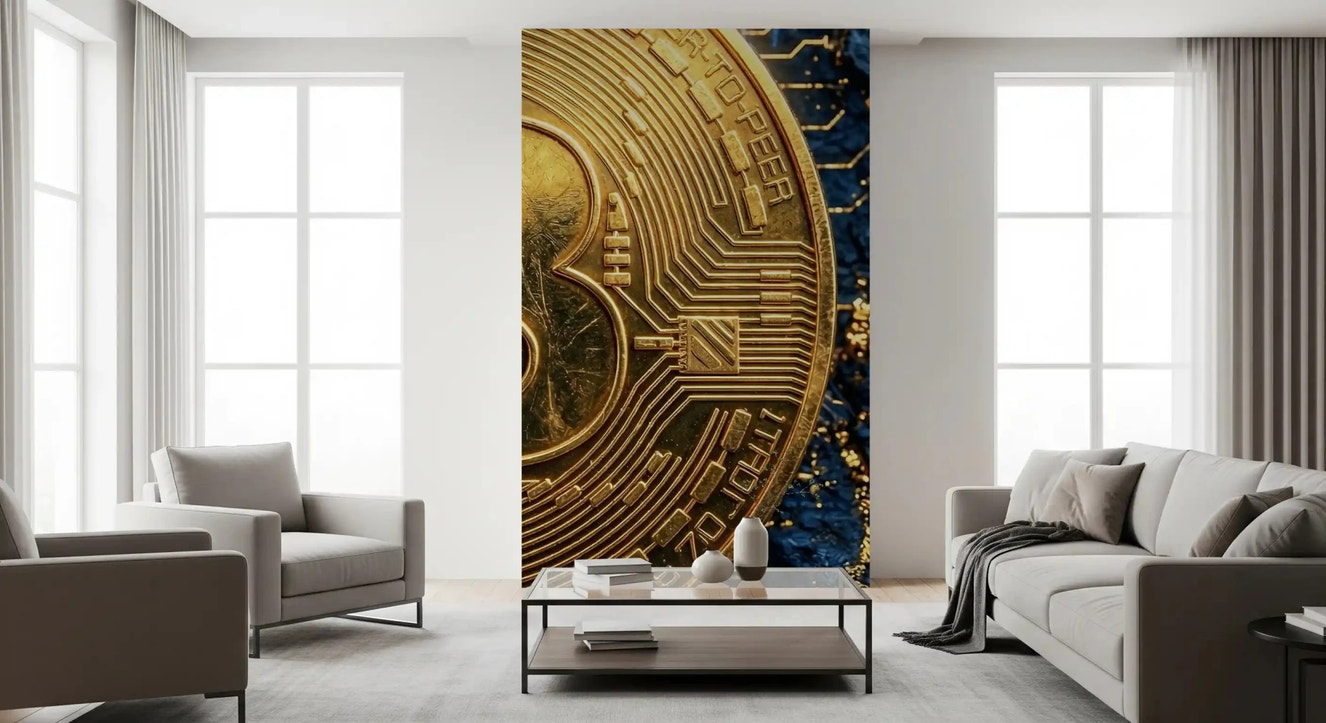 Living room bitcoin wall mural with gold coin and tech design