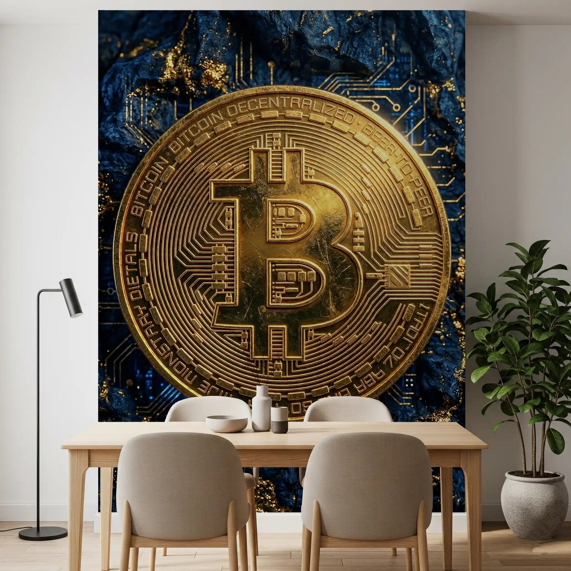Dining room bitcoin wall mural with digital coin design