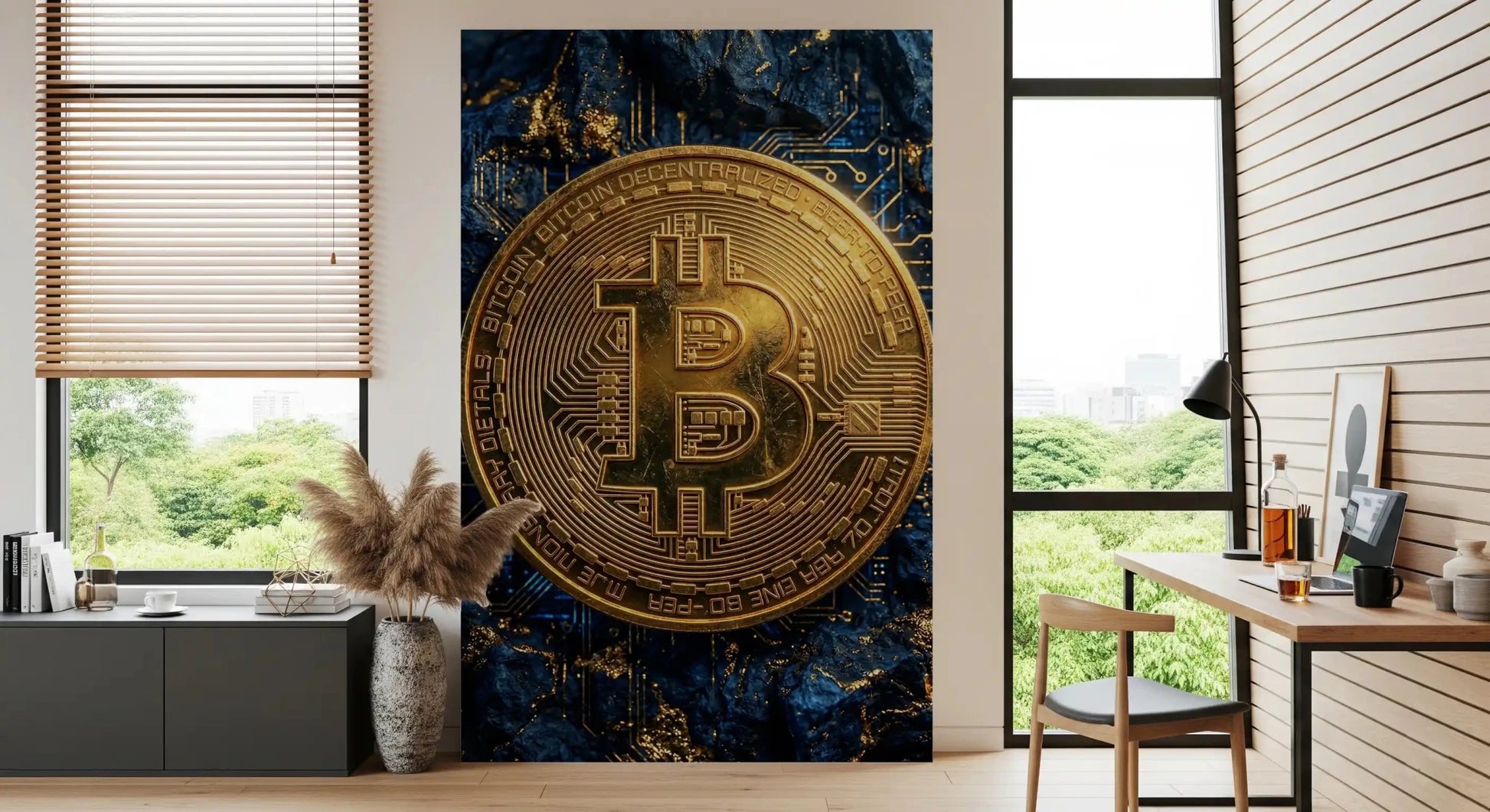 Office bitcoin matrix wall mural with gold and blue texture