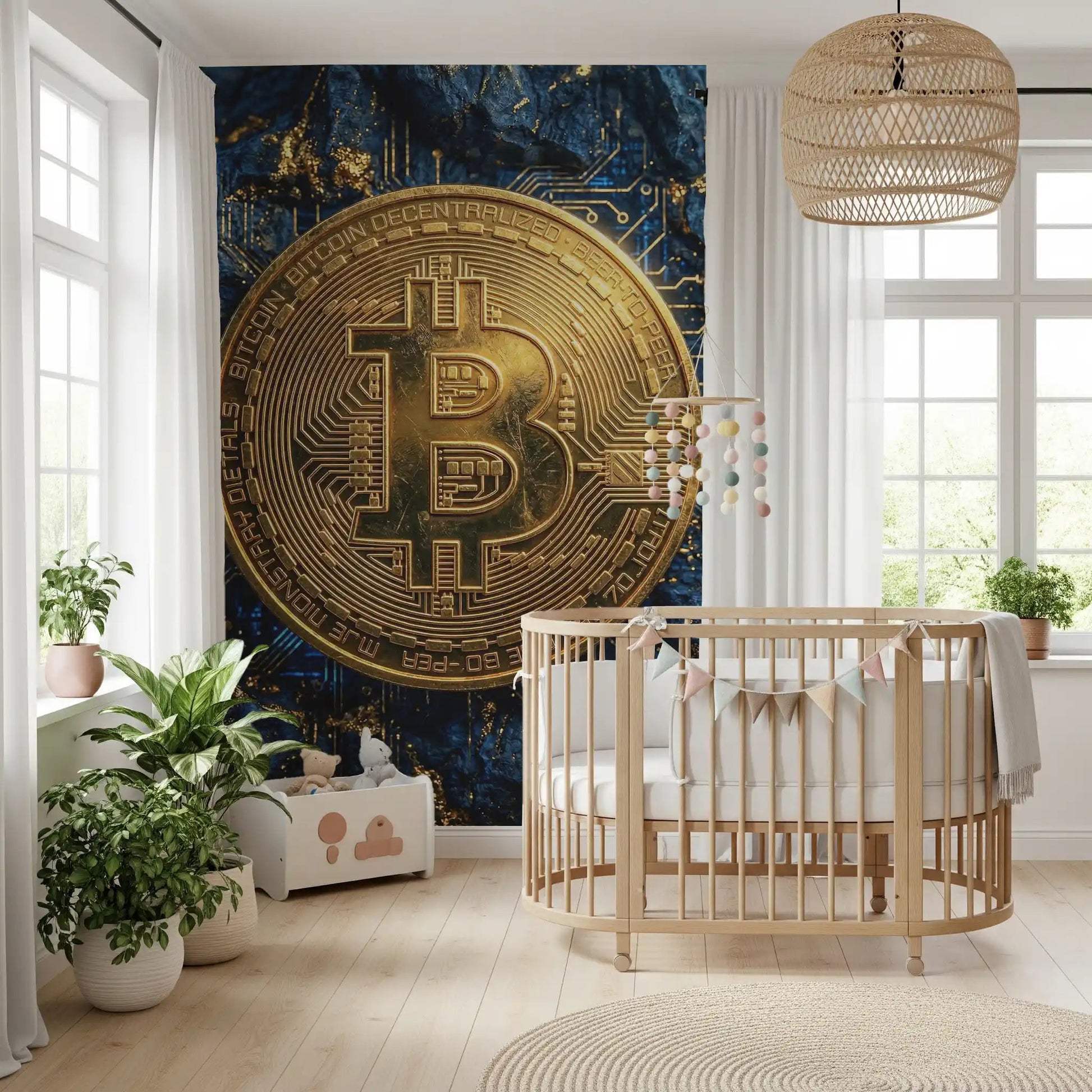 Bitcoin design wall mural with gold and blue contrast