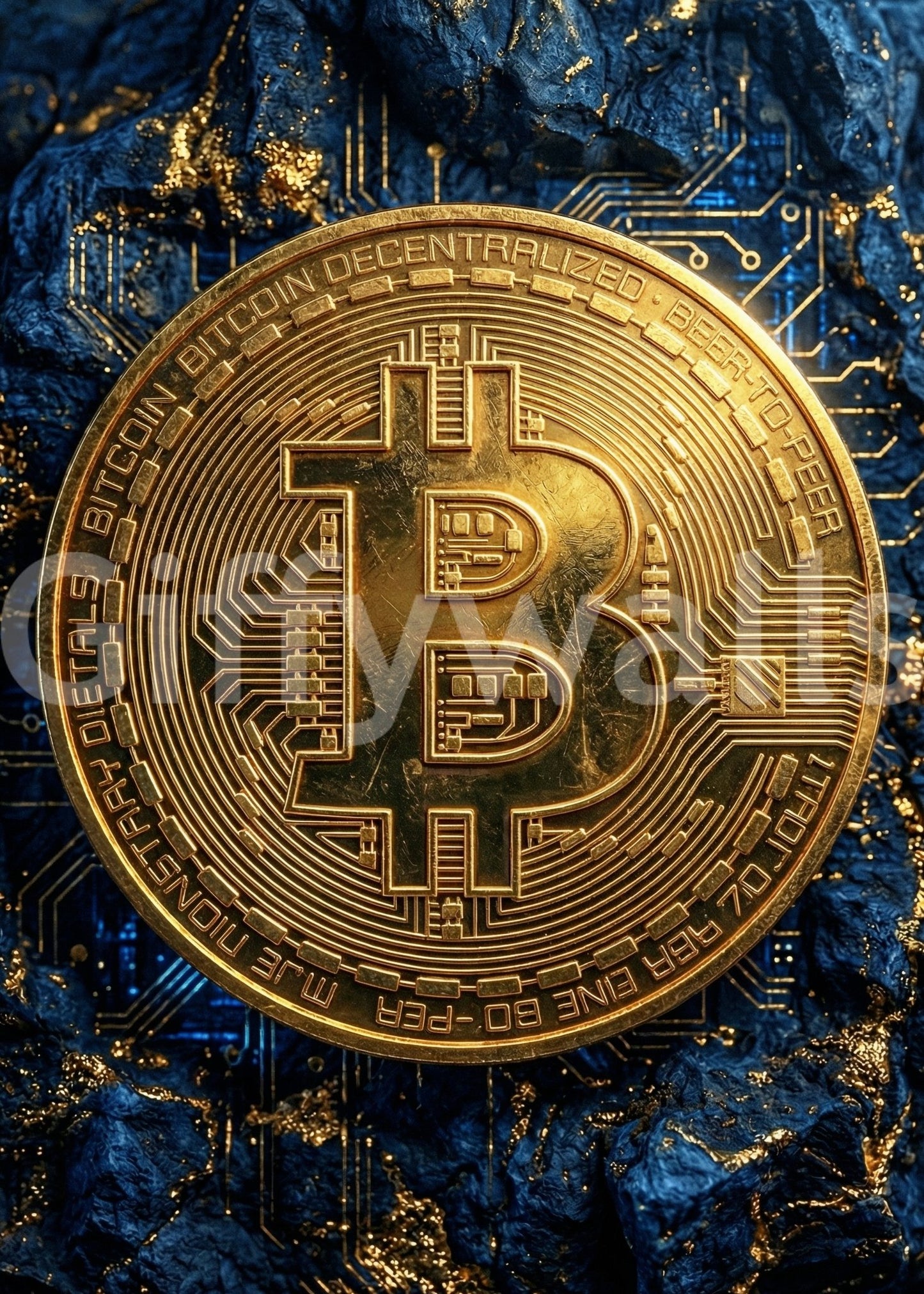 Golden wall mural with bitcoin and tech blue background