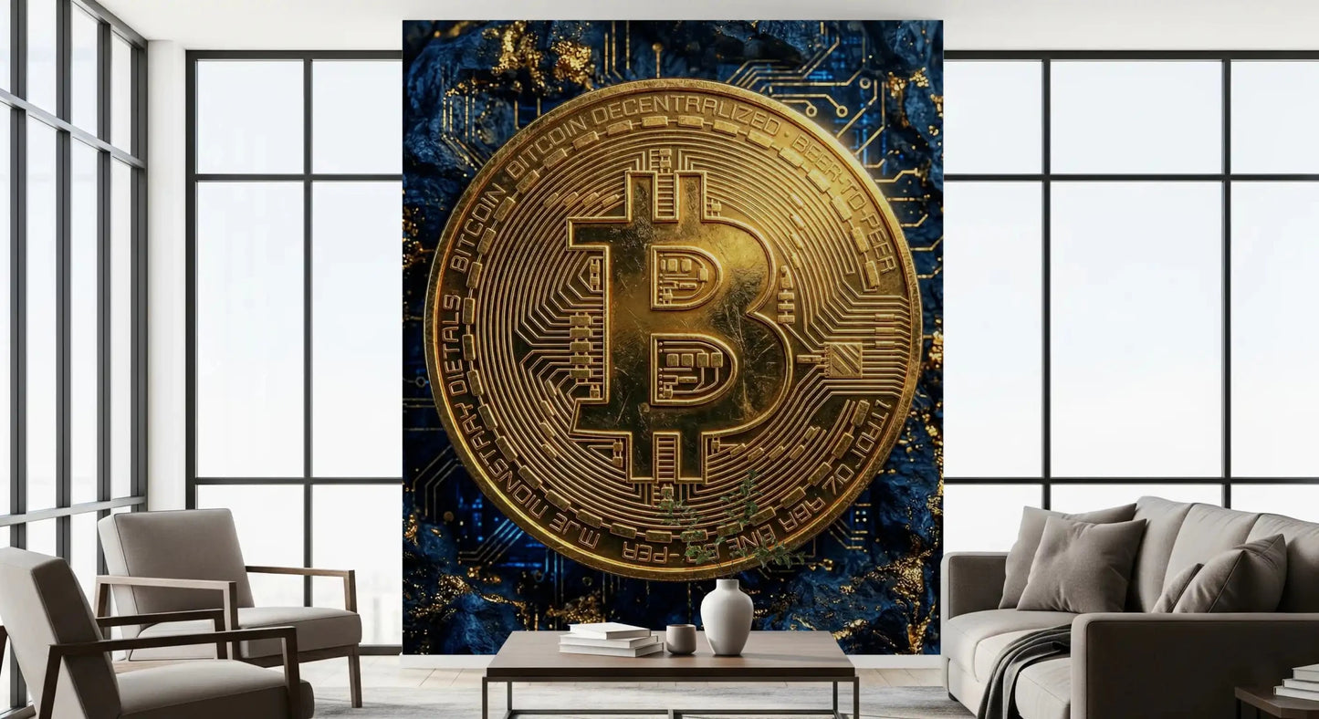 Digital bitcoin wall mural with blue background and gold coin