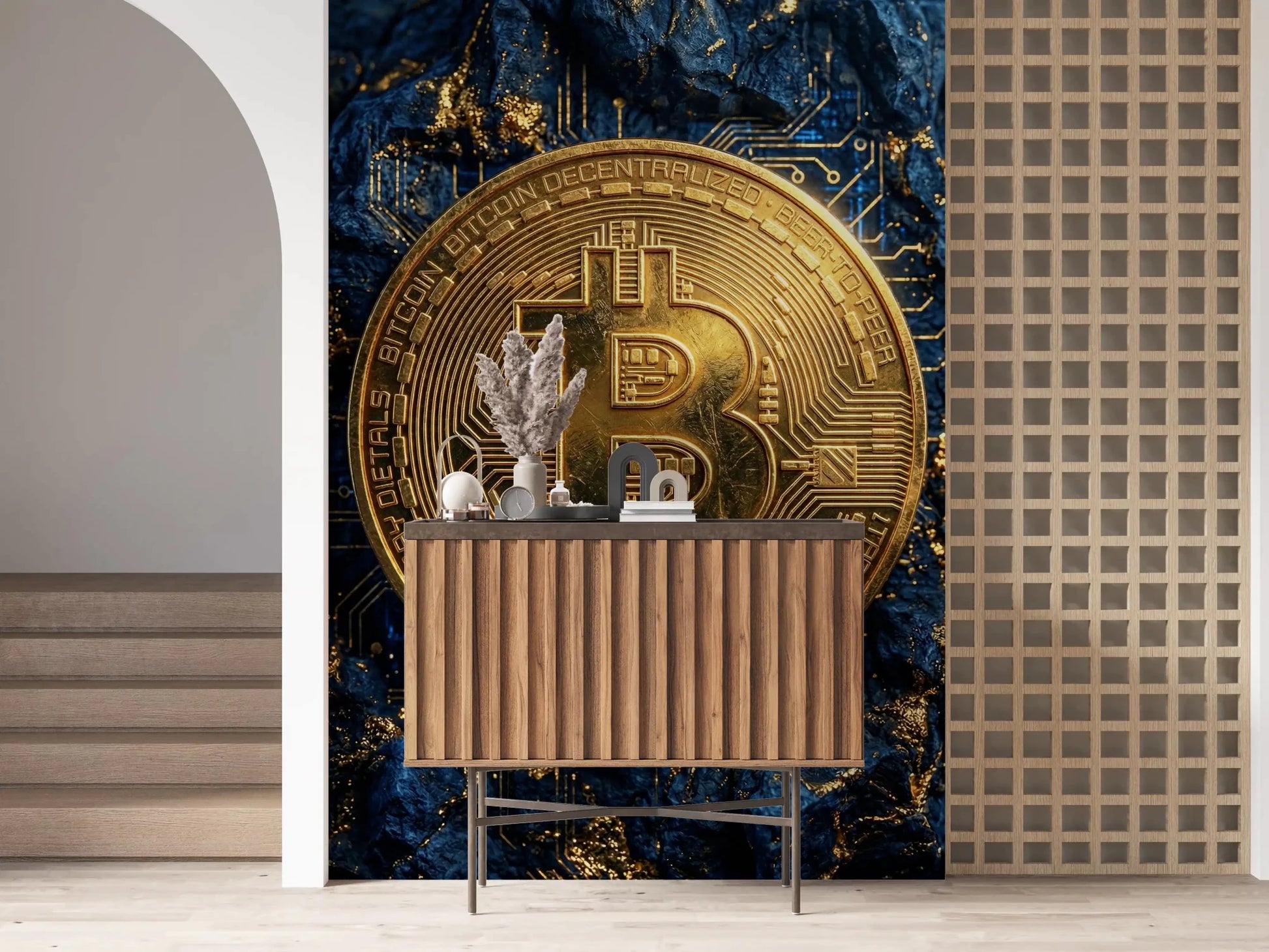 Golden Bitcoin Matrix wall mural with circuit pattern
