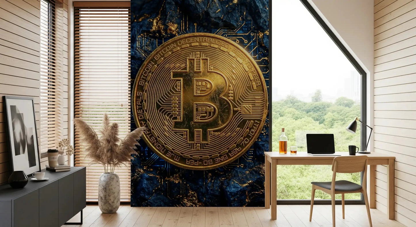 Modern crypto wall mural with circuit and bitcoin pattern