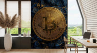 Gold bitcoin wall mural with deep blue digital texture