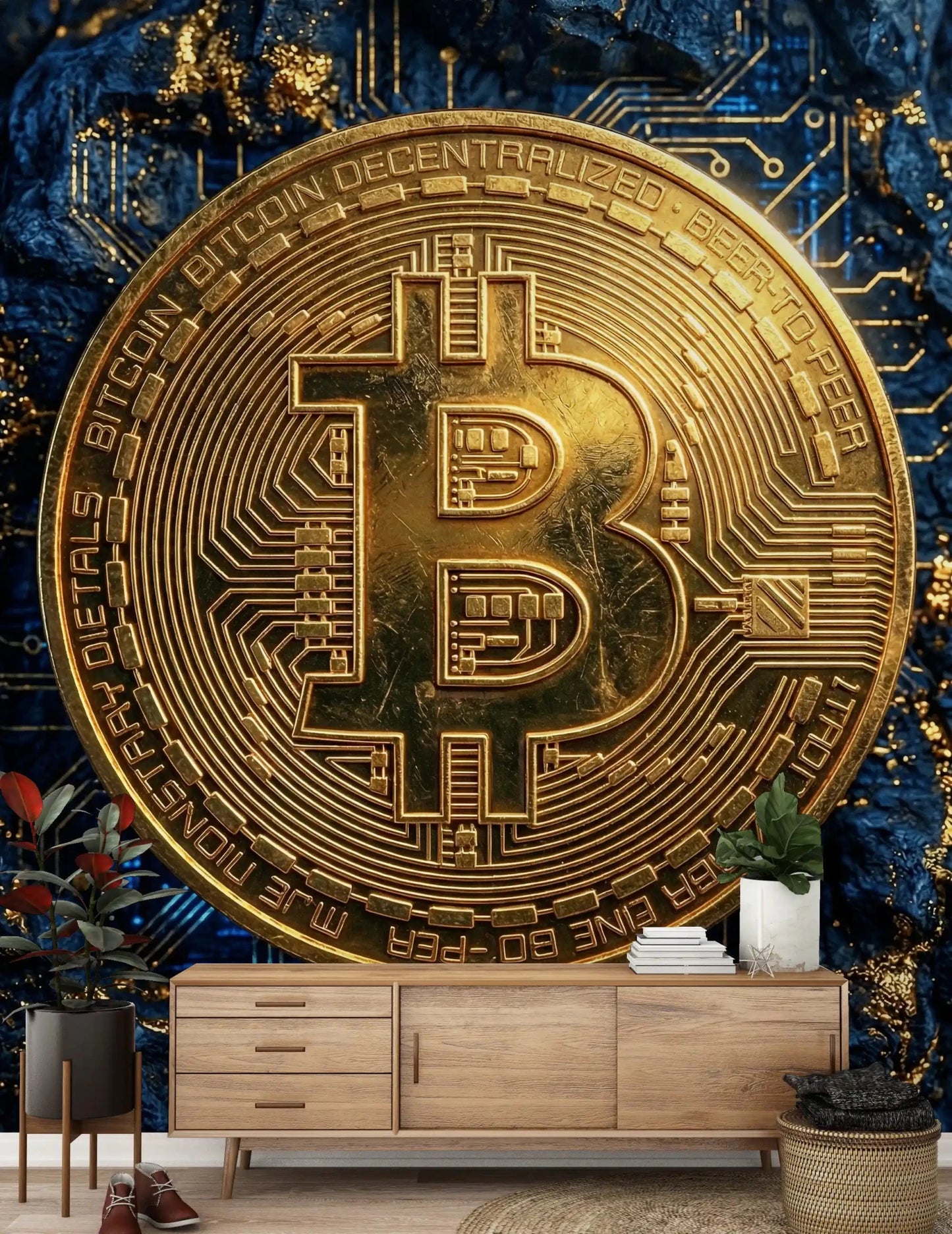 Crypto coin wall mural with gold bitcoin and tech lines