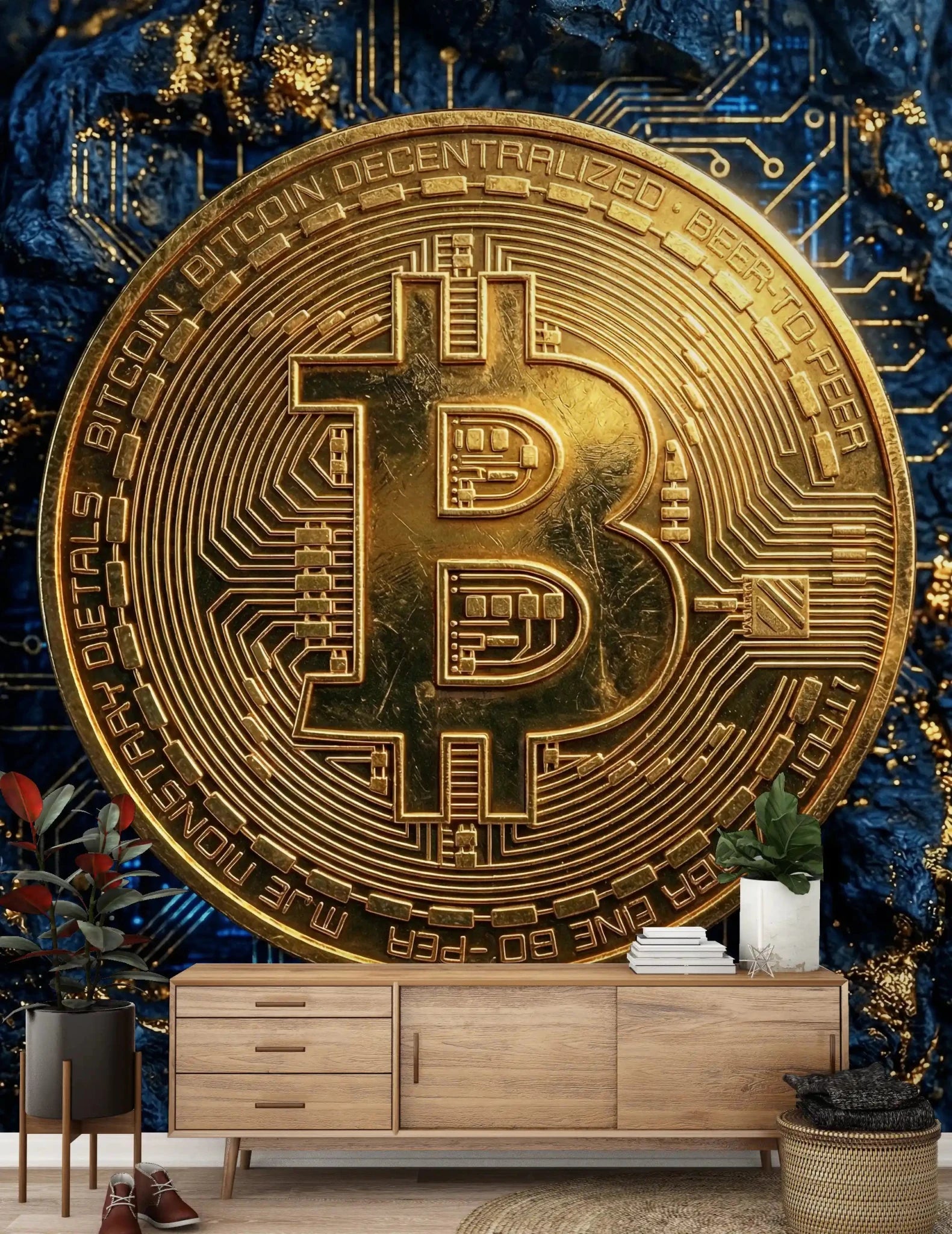 Crypto coin wall mural with gold bitcoin and tech lines