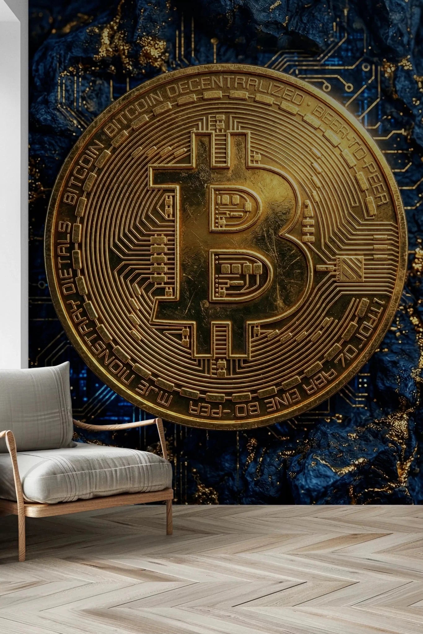 Tech style wall mural with bitcoin and circuit detail