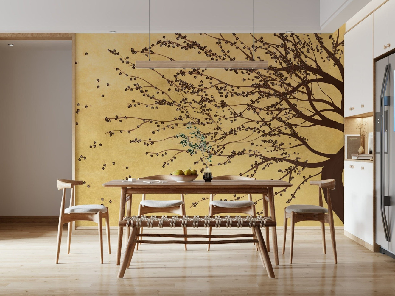 Golden Bloom Breeze Wall Mural behind sofa, home styling
