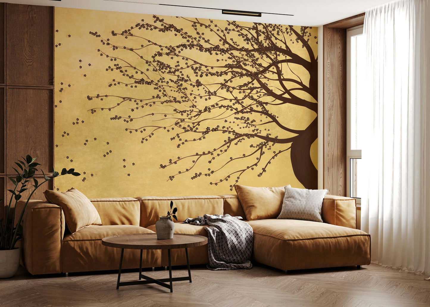 Entryway mural with golden floral design, modern home styling