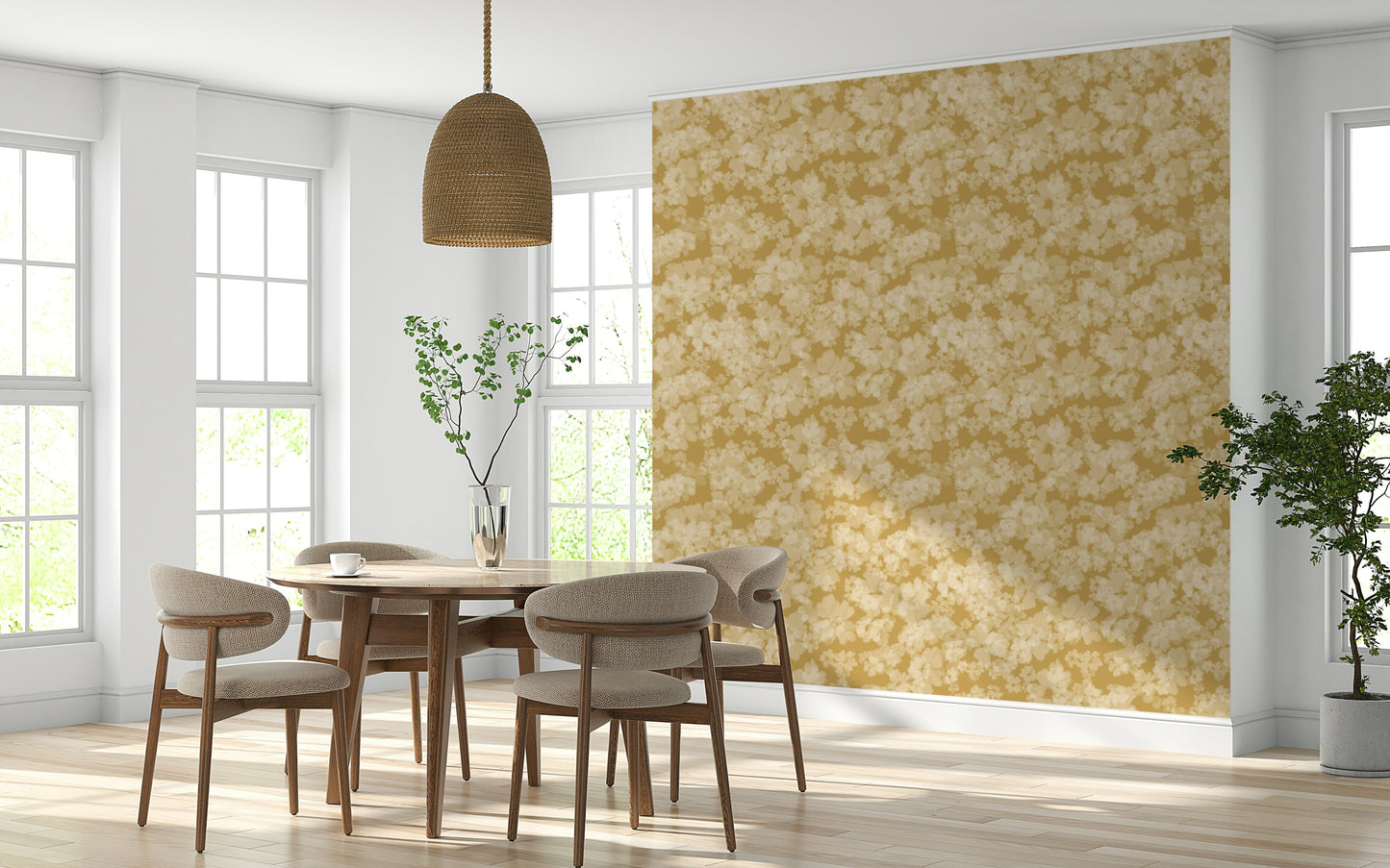 Warm amber flower print wallpaper, stylish artistic background, Golden Soft Blossom.