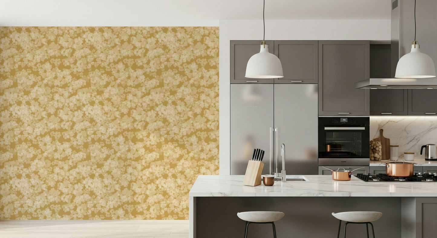 Sunny golden petal wall mural, Golden Soft Blossom, luxurious home adornment idea.