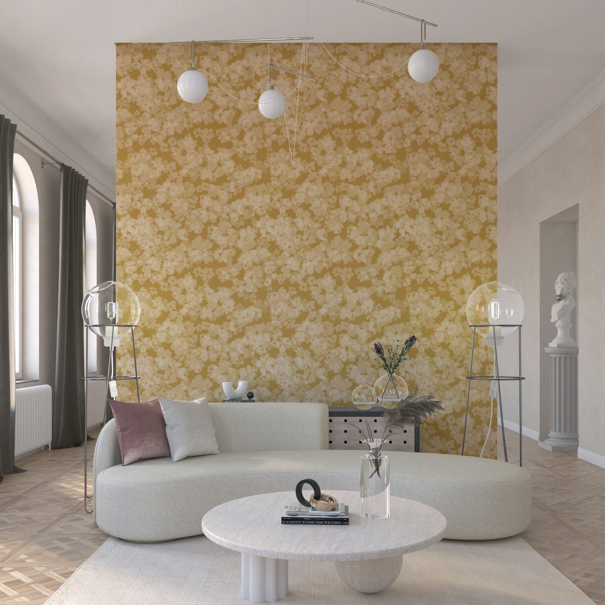 Golden Soft Blossom wallpaper, vibrant yellow bloom pattern, cheerful ambiance art.
