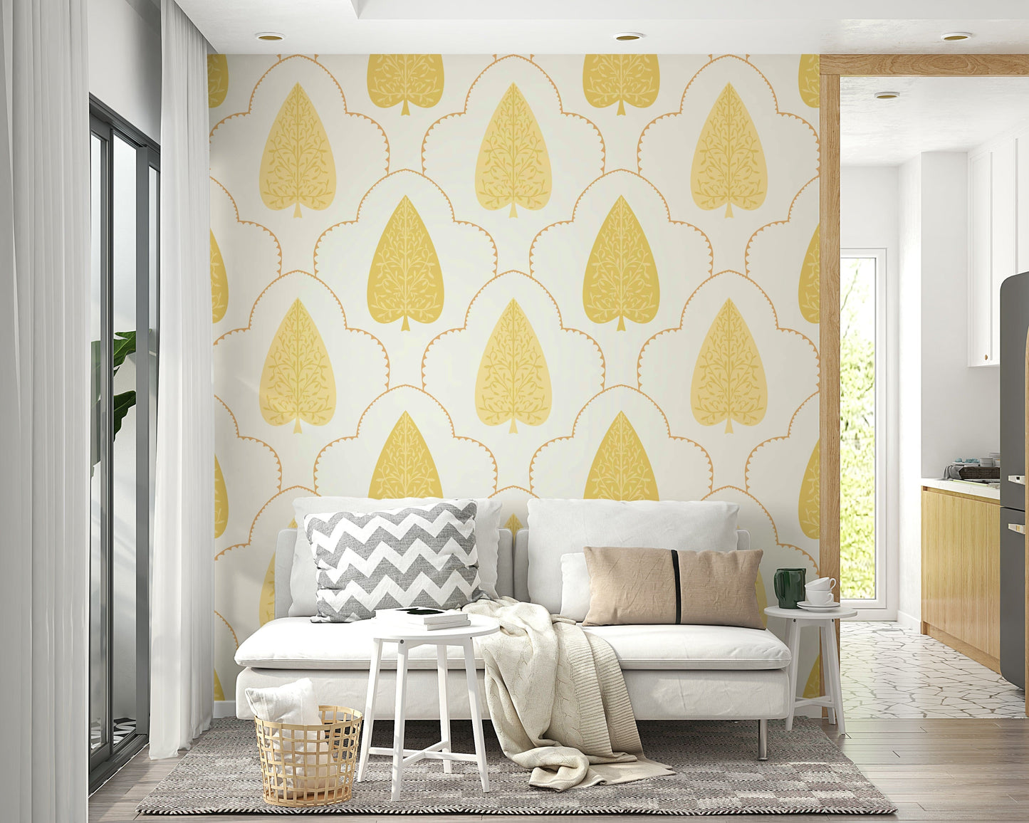White and gold leaf wall mural, Golden Branch product, timeless interior style.