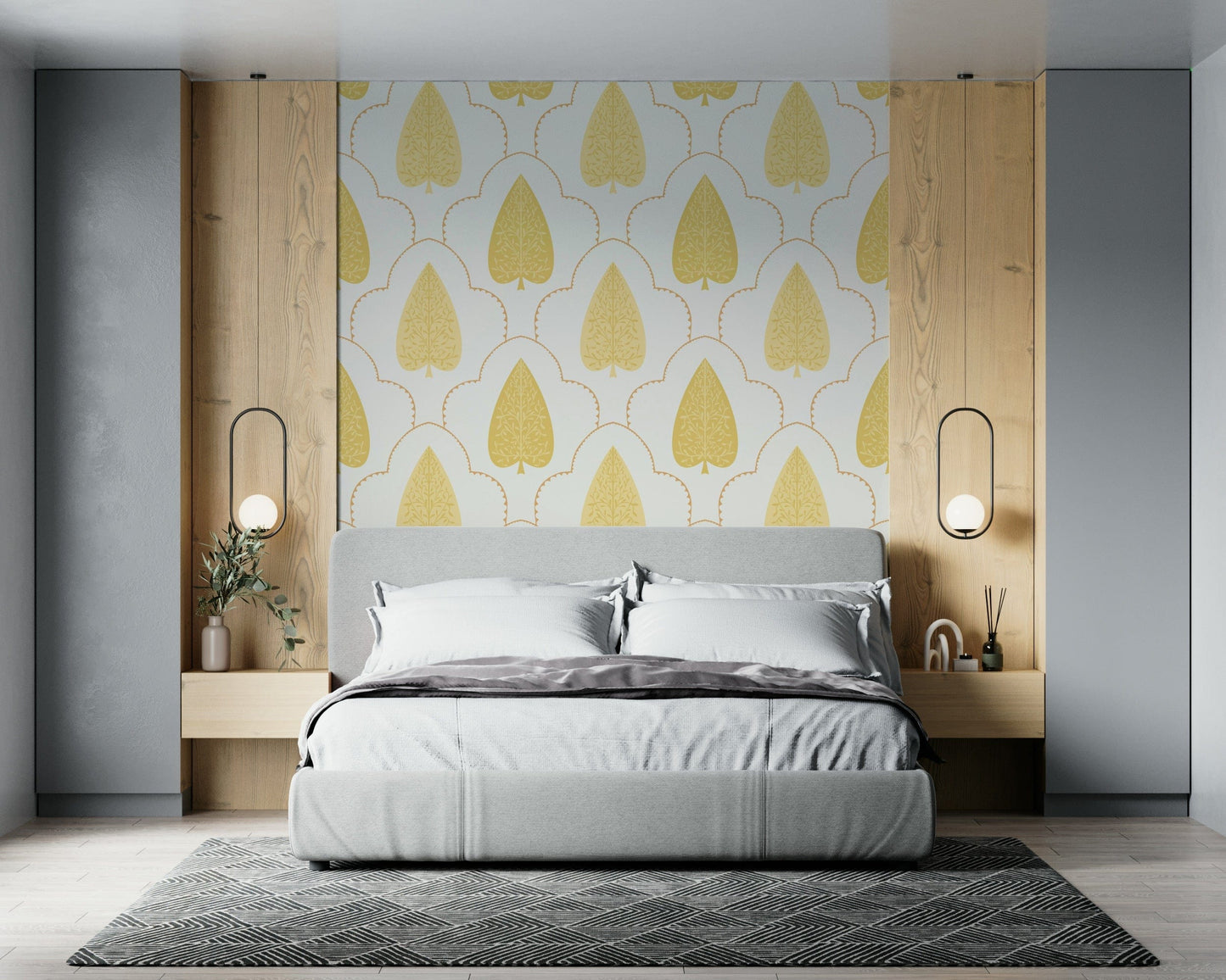 Intricate yellow trellis wallpaper, refined geometric frame, Golden Branch.