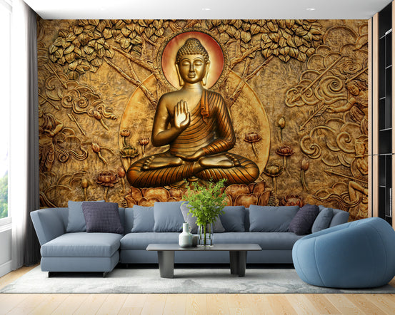 Golden Buddha Bas Relief wallpaper mural of a carved gold seated Buddha behind a blue-grey sectional and swivel chair in a living room