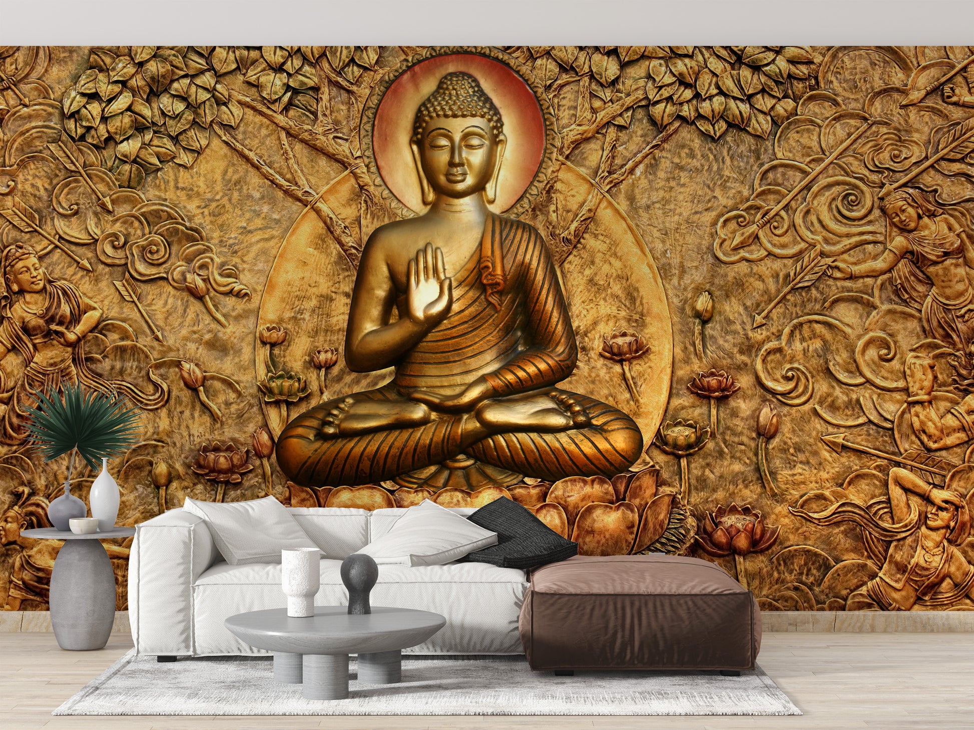 Gold-themed Buddha mural for tranquility
