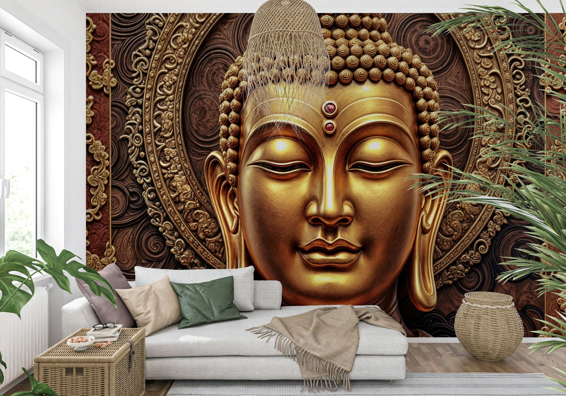 Golden Buddha's Gaze Wall Mural behind sofa, calm gold palette, apartment décor