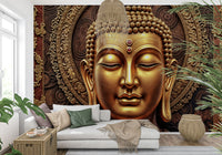 Golden Buddha's Gaze Wall Mural behind sofa, calm gold palette, apartment décor
